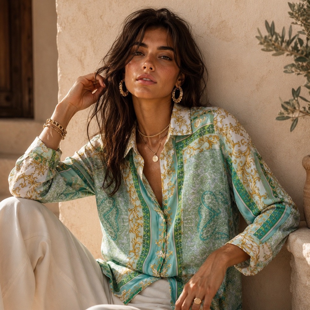 Rachel Zoe Button Up Shirt Green Gold Baroque Scarf Print Medium Boho Chic